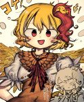  1girl animal_on_head ascot bird bird_on_head bird_wings blonde_hair chick feathered_wings hand_out_of_frame highres looking_at_viewer multicolored_hair niwatari_kutaka on_head open_mouth piaki puffy_short_sleeves puffy_sleeves red_ascot red_eyes redhead short_sleeves smile solo touhou two-tone_hair upper_body white_background wings yellow_wings 