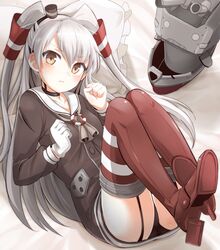  1girl amatsukaze_(kantai_collection) black_panties blush brown_eyes dress garter_straps gloves kantai_collection knees_on_chest long_hair looking_at_viewer lying mobu on_back panties personification red_legwear rensouhou-kun sailor_dress silver_hair single_glove solo striped striped_legwear thigh-highs twintails underwear white_gloves 