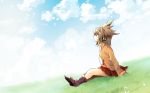  1girl boots brown_hair clouds grass headphones makuwauri musical_note sitting skirt sky solo touhou toyosatomimi_no_miko 