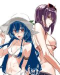  2girls armband bikini bikini_skirt blue_hair breasts earrings hat hinanawi_tenshi jewelry long_hair multiple_girls nagae_iku navel open_mouth purple_hair red_eyes rough ruuto_(sorufu) shorts sideboob simple_background smile sunglasses swimsuit touhou white_background white_bikini white_swimsuit 