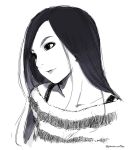  1girl black_hair bust collarbone lips long_hair looking_to_side monochrome off-shoulder_sweater original poaro sketch solo spaghetti_strap striped striped_sweater sweater twitter_username 