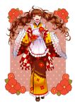  1girl ahoge apron brown_hair corset flower highres japanese_clothes kimono long_hair open_mouth smile solo twintails wide_sleeves yukijirushi yukiko-tan yumemeko 