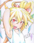  1girl armpits arms_behind_head arms_up artist_name ballpoint_pen_(medium) blonde_hair bow fang flandre_scarlet graphite_(medium) hair_bow hair_ribbon looking_at_viewer marker_(medium) open_mouth red_eyes ribbon short_hair side_ponytail sokutenkun solo touhou traditional_media wings 