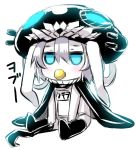  1girl akaza alternate_costume cape flat_gaze hat kantai_collection pacifier pale_skin shinkaisei-kan simple_background solo tagme teeth toddler translation_request white_background white_hair wo-class_aircraft_carrier young 