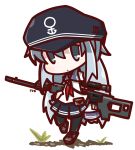  1girl anchor_symbol aqua_eyes aqua_hair chibi dragunov_svd gun hat hibiki_(kantai_collection) highres kantai_collection long_hair nuu_(nu-nyu) rifle school_uniform serafuku simple_background sniper_rifle solo tagme weapon white_background 