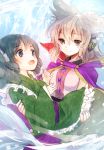  2girls blue_eyes blue_hair brown_eyes cape carrying earmuffs head_fins highres japanese_clothes light_brown_hair makuwauri multiple_girls open_mouth princess_carry touhou toyosatomimi_no_miko wakasagihime 