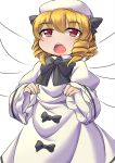  1girl blonde_hair blush chestnut_mouth dress drill_hair fun_bo hat long_sleeves luna_child open_mouth red_eyes short_hair simple_background smile solo touhou white_background wings 
