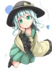  1girl :o absurdres bow green_eyes green_hair hat hat_bow heart highres komeiji_koishi long_sleeves lv21 open_mouth short_hair solo touhou 