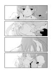  2girls blush_stickers braid greyscale hand_on_another&#039;s_head highres hong_meiling izayoi_sakuya kiss kouhou_no_nin light_smile long_hair looking_at_another lying monochrome multiple_girls on_back parted_lips puffy_short_sleeves puffy_sleeves short_hair short_sleeves touhou twin_braids yuri 