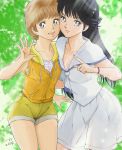  2girls 80s ayukawa_madoka black_hair blue_eyes brown_hair highres hiyama_hikaru kimagure_orange_road kujira_gunsou long_hair multiple_girls oldschool short_hair 