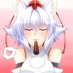  1girl animal_ears bare_shoulders blush breasts closed_eyes detached_sleeves hat heart inubashiri_momiji looking_at_viewer pocky pom_pom_(clothes) sekitaku short_hair silver_hair solo tokin_hat touhou wolf_ears 