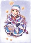  1girl :d bell belt boots braid capelet fur_trim green_eyes happy hat imomu knee_boots kneeling light_brown_hair mittens open_mouth original ribbon side_braid smile snowflakes solo striped winter_clothes 