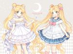  2girls adapted_costume bare_shoulders bishoujo_senshi_sailor_moon blonde_hair blue_dress blue_eyes bow bracelet breasts cleavage collarbone crescent dress dual_persona flower hair_bow hair_bun hair_flower hair_ornament jewelry long_hair looking_at_viewer multiple_girls nardack off_shoulder open_mouth princess_serenity puffy_short_sleeves puffy_sleeves sailor_senshi school_uniform serafuku short_sleeves smile tsukino_usagi twintails very_long_hair white_dress 