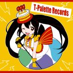 1girl black_hair breasts cake food food_as_clothes food_themed_clothes gloves hat leaning_forward long_hair looking_at_viewer microphone one_eye_closed open_mouth solo star ting_come tower_records treble_clef twintails wink 
