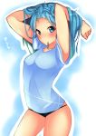  1girl adjusting_hair arms_up blue_eyes blue_hair breasts dressing highres kantai_collection looking_at_viewer mouth_hold panties personification solo underwear urakaze_(kantai_collection) 