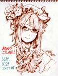  1girl artist_name bespectacled bow braid dated flower glasses hat long_hair looking_at_viewer monochrome patchouli_knowledge savan sketch solo thank_you touhou traditional_media twintails 