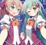  2girls 9law alternate_costume aqua_eyes blush brown_hair clenched_teeth green_eyes green_hair hair_ornament hairclip highres holding_hands kantai_collection kumano_(kantai_collection) long_hair looking_at_viewer multiple_girls one_eye_closed open_mouth personification suzuya_(kantai_collection) wink 