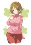  1girl blush brown_hair hairband hand_on_own_chest highres koizumi_hanayo love_live!_school_idol_project shirabi_(life-is-free) smile solo track_jacket violet_eyes 