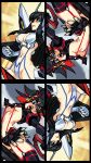  2girls alex_ahad black_hair blue_eyes breasts cleavage cleavage_cutout highres junketsu kill_la_kill kiryuuin_satsuki long_hair matoi_ryuuko multicolored_hair multiple_girls navel redhead revealing_clothes senketsu short_hair thigh-highs two-tone_hair under_boob 