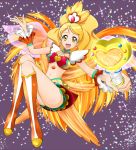  1girl blonde_hair boots breasts choker cleavage coconut_samba cure_honey earrings eyelashes grawon7 hair_ornament happinesscharge_precure! happy highres jewelry knee_boots kneehighs large_breasts long_hair looking_at_viewer magical_girl midriff navel oomori_yuuko open_mouth ponytail precure skirt smile solo wrist_cuffs yellow_eyes 
