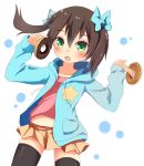  1girl brown_hair cupen doughnut green_eyes original short_hair solo thigh-highs 