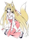  1girl animal_ears bare_shoulders blonde_hair blush breasts character_request detached_sleeves fox_ears fox_tail japanese_clothes long_hair looking_at_viewer open_mouth oryou smile solo tail 