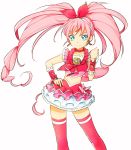  1girl blue_eyes braid choker cure_melody earrings eyelashes frilled_shirt frilled_skirt frills hair_ornament hair_ribbon hairband happy houjou_hibiki jewelry kurochiroko long_hair looking_at_viewer magical_girl midriff pink_hair pink_legwear pink_shirt pink_skirt precure ribbon shirt simple_background single_braid skirt smile solo standing suite_precure thigh-highs thighs twintails white_background wrist_cuffs 