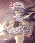  1girl ascot bat_wings bloomers bodice clouds cloudy_sky from_behind hat hat_ribbon lavender_hair light_smile looking_at_viewer looking_back puffy_short_sleeves puffy_sleeves red_eyes remilia_scarlet ribbon short_hair short_sleeves skirt skirt_set sky solo spear_the_gungnir touhou underwear wind wind_lift wings wrist_cuffs yutamitan 