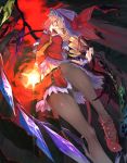  1girl absurdres ascot black_legwear blonde_hair blush flandre_scarlet glowing glowing_eye glowing_hand hat highres kumonji_aruto laevatein open_mouth pantyhose red_eyes short_hair side_ponytail smile solo tongue tongue_out touhou wings wrist_cuffs 