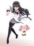  2girls akemi_homura black_hair blood hairband hayashiya_zankurou holding holding_panties jojo_no_kimyou_na_bouken jojo_pose kaname_madoka long_hair magical_girl mahou_shoujo_madoka_magica multiple_girls nosebleed o_o panties pantyhose parody pink_hair pose school_uniform short_twintails simple_background skirt twintails underwear violet_eyes wamuu white_background 