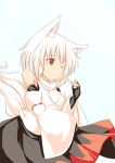  1girl animal_ears bare_shoulders blush breasts detached_sleeves fingerless_gloves gloves inubashiri_momiji kokutei_n looking_at_viewer one_eye_closed pom_pom_(clothes) red_eyes short_hair silver_hair solo tail touhou wink wolf_ears wolf_tail 