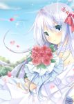  1girl bare_shoulders blue_eyes blue_rose bouquet bridal_veil bride choker dress elbow_gloves female flower gloves hammer_and_sickle hibiki_(kantai_collection) iris_yayoi jewelry kantai_collection long_hair necklace personification red_rose rose silver_hair smile solo star veil verniy_(kantai_collection) wedding_dress 