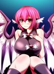 1girl alternate_breast_size animal_ears bare_shoulders bird_wings blush breasts hand_on_own_chest highres large_breasts looking_at_viewer mystia_lorelei no_hat older parmiria pink_eyes pink_hair sitting sleeveless sleeveless_shirt smile solo touhou wings 