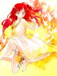  barefoot dress feather fire jewelry long_hair magi_the_labyrinth_of_magic morgiana necklace red_eyes redhead side_tail 