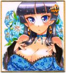  1girl bare_shoulders black_hair blue_eyes breasts bridal_gauntlets bust choker earrings flower hoop_earrings jewelry kagami_no_machi_no_kaguya kaguya_(kagami_no_machi_no_kaguya) kusanagi_tonbo large_breasts long_hair looking_at_viewer marker_(medium) solo traditional_media 