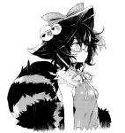  1girl animal_ears bell bow bust futatsuiwa_mamizou glasses hat hisona_(suaritesumi) monochrome raccoon_ears raccoon_tail tail touhou 