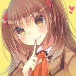  1girl brown_eyes brown_hair finger_to_mouth grin hisanuma_sayu kakyoxx long_hair lowres nagi_no_asukara school_uniform smile twintails 