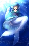  1girl blue_eyes blue_hair blue_nails breasts fish head_fins highres japanese_clothes kanzaki_maguro kimono large_breasts looking_at_viewer mermaid monster_girl obi open_mouth sash smile solo sunlight touhou underwater wakasagihime 