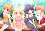  4girls black_hair blue_eyes blush breasts brown_eyes brown_hair cleavage dress fang flower foreshortening fountain hashimoto_niina long_hair multiple_girls niina-chan_lovely_life one_eye_closed outstretched_arms pink_eyes pink_hair ponytail sarico shorts sitting sleeveless sleeveless_dress smile v wall wink 