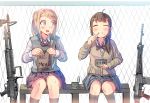  2girls battle_rifle blonde_hair blue_eyes blush brown_hair can cardigan daito drooling eating food food_on_face gun hair_ornament hairclip howa_type_64 long_hair m60 mre multiple_girls original rifle school_uniform short_hair sitting skirt smile spoon sweater_vest weapon 