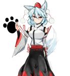  1girl animal_ears bare_shoulders blush breasts detached_sleeves fingerless_gloves gloves hat inubashiri_momiji large_breasts looking_at_viewer pom_pom_(clothes) red_eyes rihito_(usazukin) short_hair silver_hair simple_background smile solo tail tokin_hat touhou white_background wolf_ears wolf_tail 