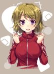 1girl blush breasts brown_background brown_hair food food_on_face gym_uniform koizumi_hanayo large_breasts long_sleeves love_live!_school_idol_project open_mouth raiou short_hair solo surprised violet_eyes 