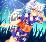  1girl animal_ears blush breasts cleavage collarbone fang highres inubashiri_momiji looking_at_viewer mask no_hat red_eyes short_hair silver_hair small_breasts smile solo tail tengu_mask touhou wolf_ears wolf_tail zamudelin 