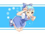  1girl ;q blue_background blue_eyes blue_hair bow character_name cirno dress flying hair_bow hand_on_own_head highres legs_folded looking_at_viewer mary_janes one_eye_closed puffy_short_sleeves puffy_sleeves shoes short_hair short_sleeves simple_background snowflakes socks solo tongue tongue_out touhou v wings wink yu_(unleashedrage) 