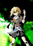  1girl arm_warmers blonde_hair clenched_teeth green_eyes highres looking_at_viewer mizuhashi_parsee pointy_ears scarf short_hair solo super-saiya-0173 touhou 