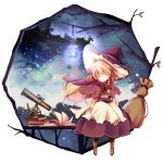  album_cover apron black_dress blonde_hair book boots broom capelet closed_eyes cover cross-laced_footwear dress hat kirisame_marisa kuro_(pixiv213382) lamp night sky smile solo star_(sky) starry_sky telescope touhou tree waist_apron witch_hat 