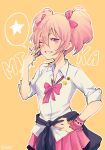  1girl bow chrabi grin hair_bow hand_on_hip highres idolmaster idolmaster_cinderella_girls jewelry jougasaki_mika one_eye_closed pink_hair shirt sleeves_rolled_up smile solo standing twintails white_shirt 