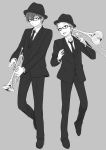  2boys formal fukube_satoshi hat hyouka instrument monochrome multiple_boys necktie oreki_houtarou rito453 short_hair suit trombone trumpet 