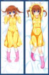  1girl arms_up blue_eyes blush boots brown_hair dakimakura inose_riku looking_at_viewer lying on_back original raincoat rubber_boots short_hair twintails 