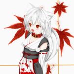  1girl animal_ears autumn_leaves blush breasts cleavage collar collarbone detached_sleeves inubashiri_momiji kourindou_tengu_costume leaf looking_away no_hat open_mouth pom_pom_(clothes) red_eyes short_hair silver_hair solo tail touhou wolf_ears wolf_tail 